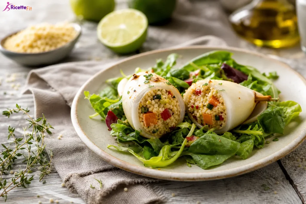 Calamari ripieni di couscous integrale e verdure su insalata mista al lime