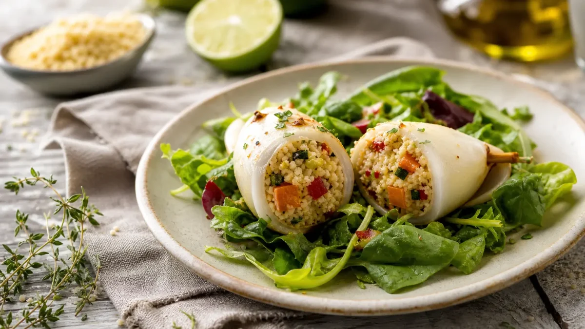 Calamari ripieni di couscous integrale e verdure su insalata mista al lime