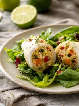 Calamari ripieni di couscous integrale e verdure su insalata mista al lime