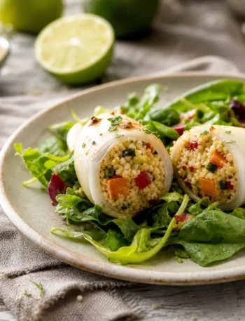 Calamari ripieni di couscous integrale e verdure su insalata mista al lime