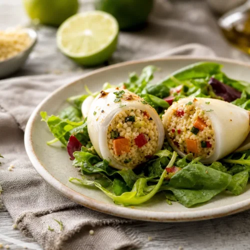 Calamari ripieni di couscous integrale e verdure su insalata al lime