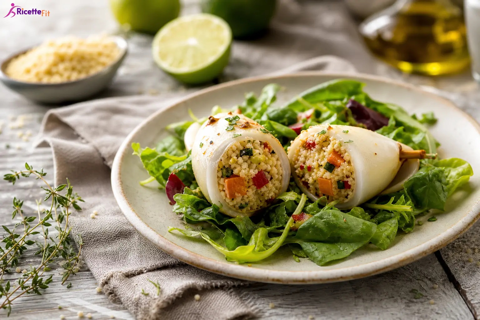 Calamari ripieni di couscous integrale e verdure su insalata al lime