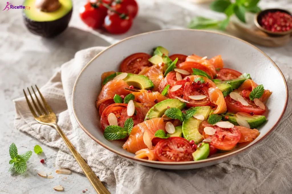 Caprese di salmone affumicato con avocado, pomodoro e mandorle