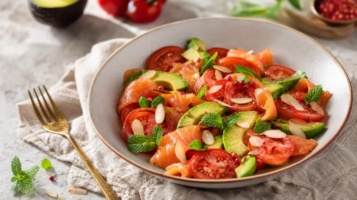 Caprese di salmone affumicato con avocado, pomodoro e mandorle