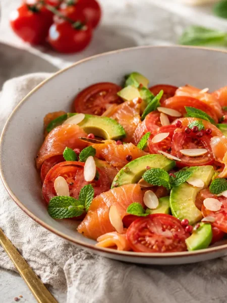 Caprese di salmone affumicato con avocado, pomodoro e mandorle