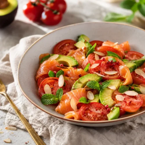 Caprese di salmone, avocado e pomodoro