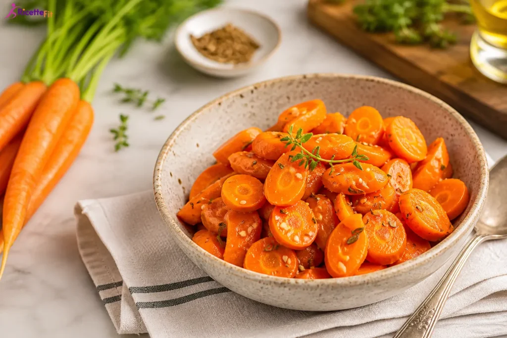 Carote arrosto con cumino, miele e timo in ciotola