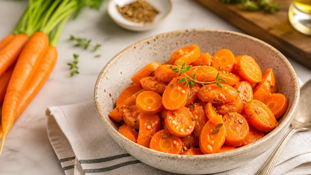 Carote arrosto con cumino, miele e timo in ciotola