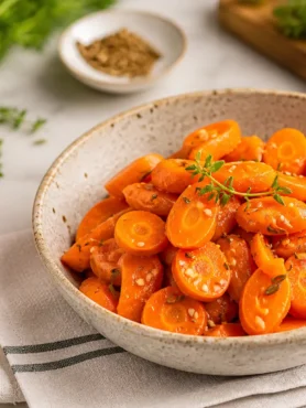 Carote arrosto con cumino, miele e timo in ciotola