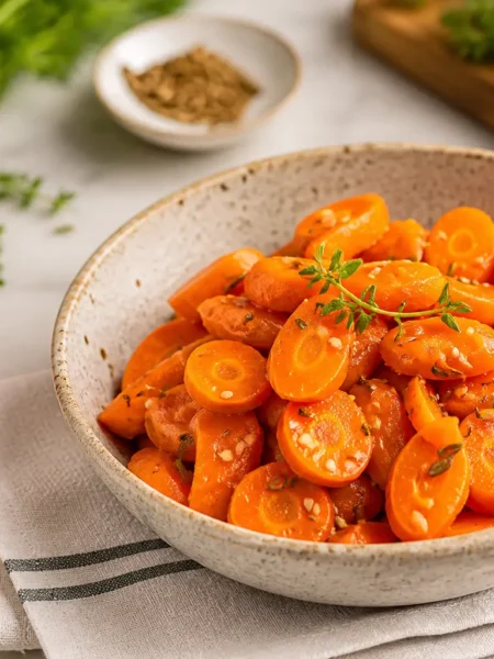 Carote arrosto con cumino, miele e timo in ciotola