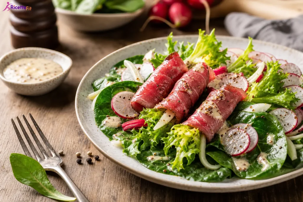 Carpaccio di manzo con insalata riccia, spinacino, ravanelli e salsa alla senape