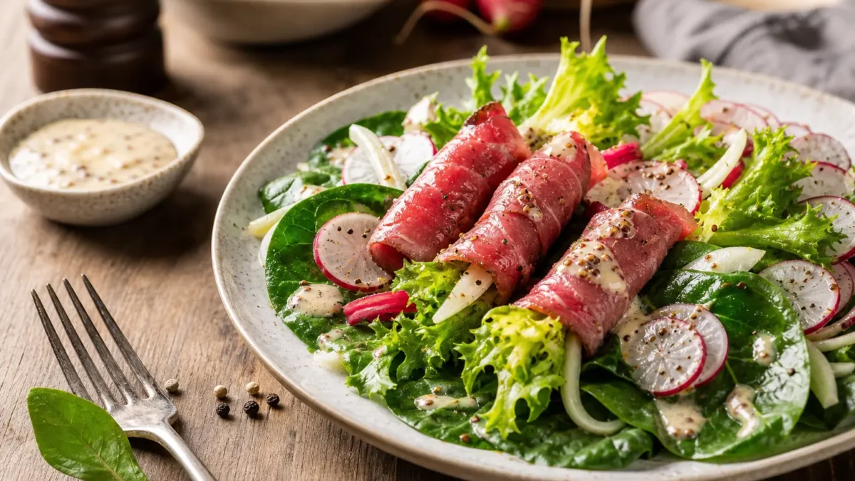 Carpaccio di manzo con insalata riccia, spinacino, ravanelli e salsa alla senape