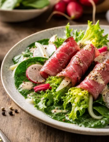 Carpaccio di manzo con insalata riccia, spinacino, ravanelli e salsa alla senape