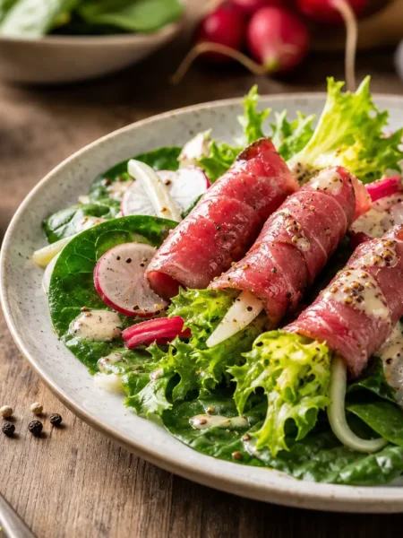 Carpaccio di manzo con insalata riccia, spinacino, ravanelli e salsa alla senape