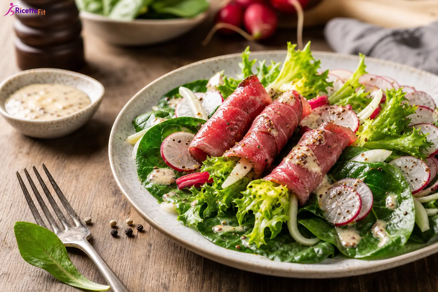Carpaccio di manzo con insalata riccia, spinacino, ravanelli e salsa alla senape