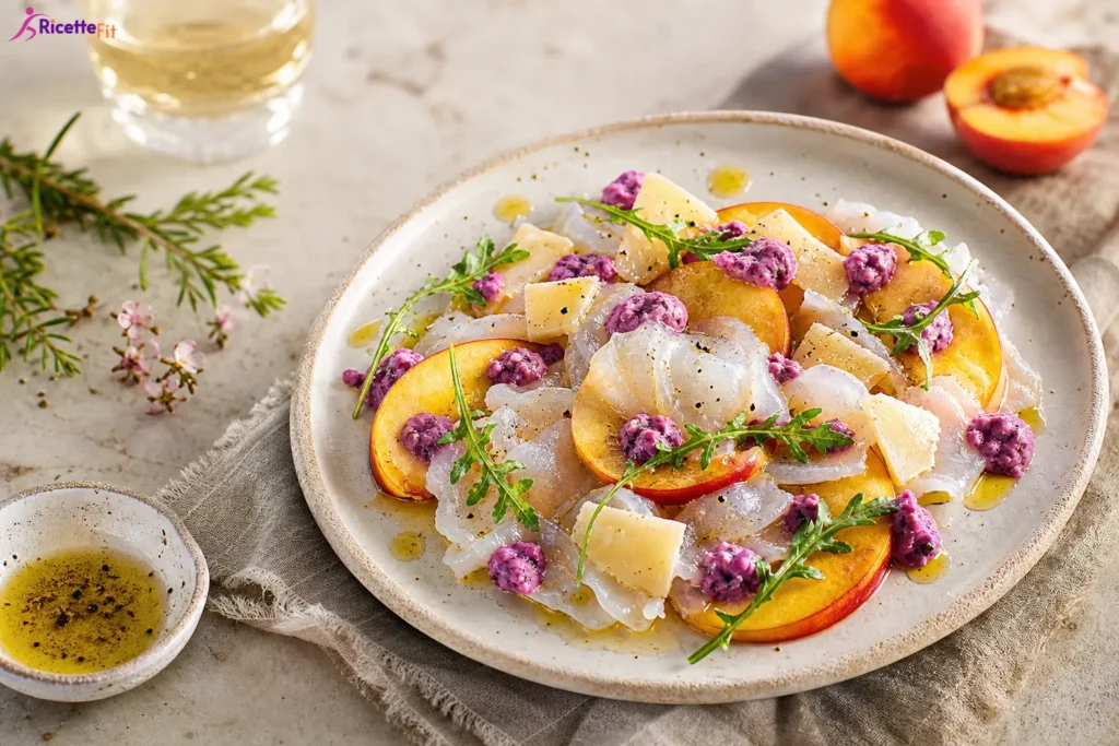 Carpaccio di baccalà con pesche noci, Parmigiano, rucola e salsa ai mirtilli