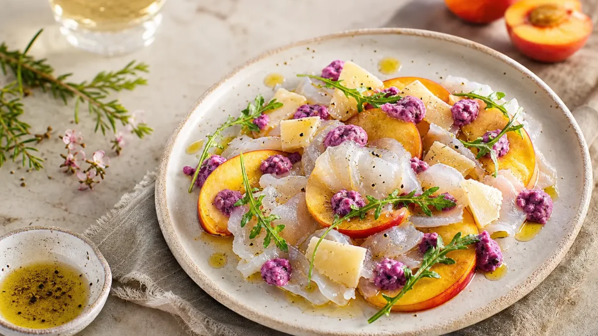 Carpaccio di baccalà con pesche noci, Parmigiano, rucola e salsa ai mirtilli