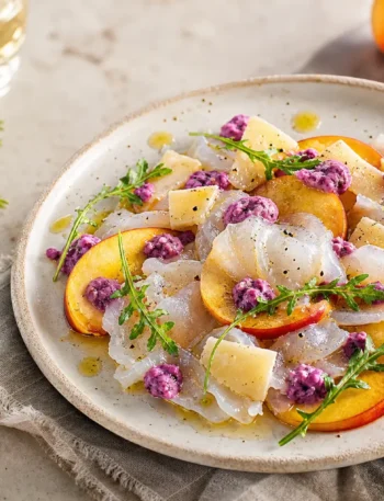 Carpaccio di baccalà con pesche noci, Parmigiano, rucola e salsa ai mirtilli