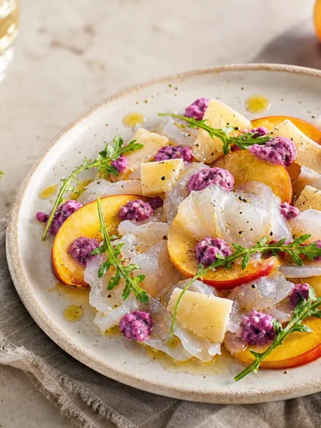 Carpaccio di baccalà con pesche noci, Parmigiano, rucola e salsa ai mirtilli