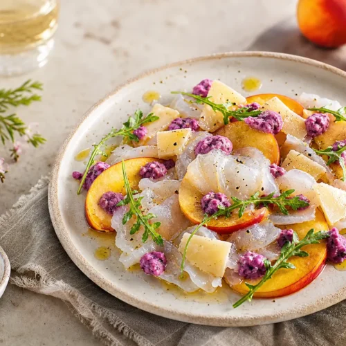 Carpaccio di baccalà, pesche noci e parmigiano con salsa ai mirtilli