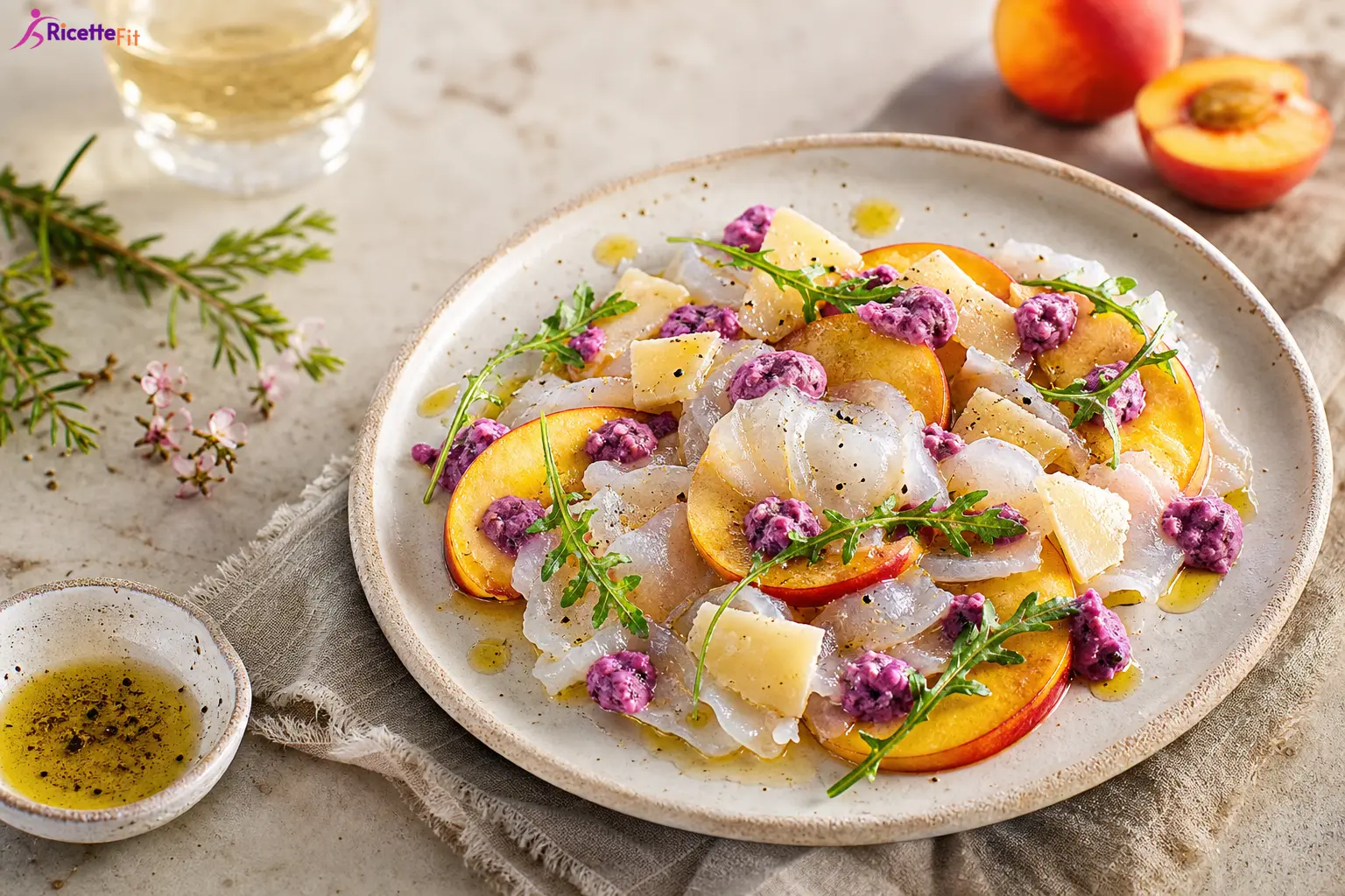 Carpaccio di baccalà con pesche noci, Parmigiano, rucola e salsa ai mirtilli