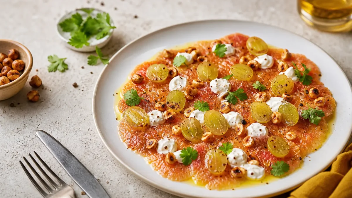 Carpaccio di fichi con uva bianca, caprino fresco e nocciole tostate