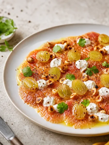 Carpaccio di fichi con uva bianca, caprino fresco e nocciole tostate