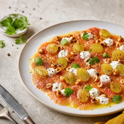 Carpaccio di fichi, uva, nocciole e caprino
