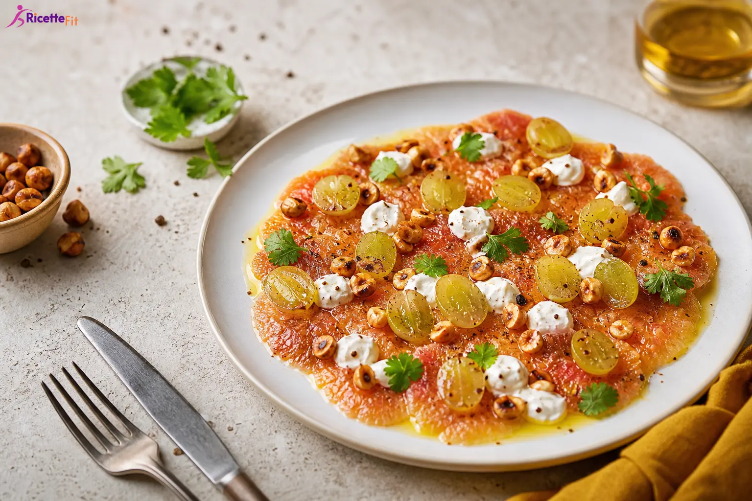 Carpaccio di fichi con uva bianca, caprino fresco e nocciole tostate