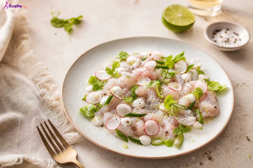 Carpaccio di spigola con maionese di mare, ravanelli, lime ed erbe fresche