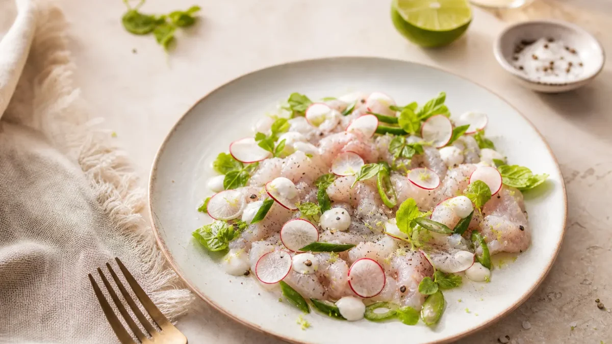 Carpaccio di spigola con maionese di mare, ravanelli, lime ed erbe fresche