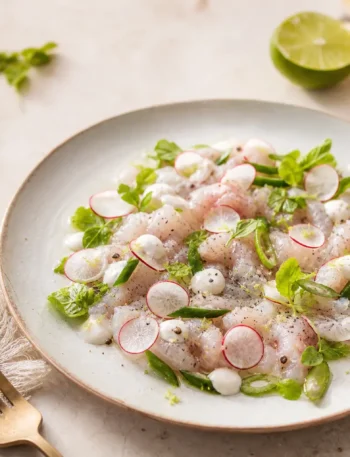 Carpaccio di spigola con maionese di mare, ravanelli, lime ed erbe fresche