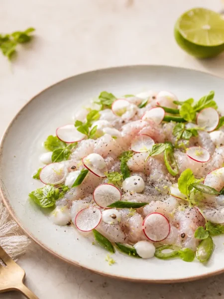Carpaccio di spigola con maionese di mare, ravanelli, lime ed erbe fresche