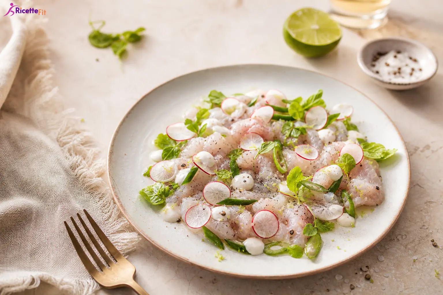 Carpaccio di spigola con maionese di mare, ravanelli, lime ed erbe fresche