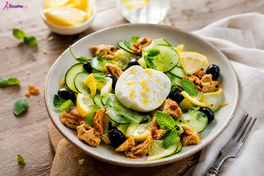 Insalata con cetrioli, mozzarella di bufala, limone marinato, olive nere e taralli integrali