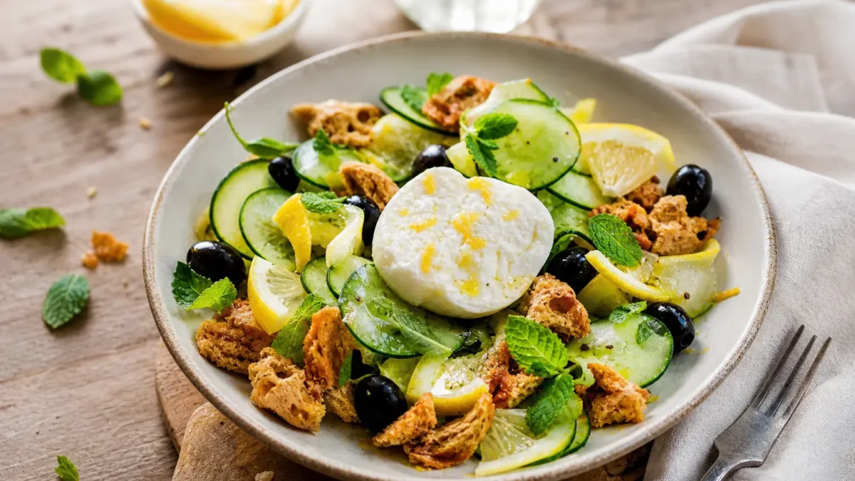 Insalata con cetrioli, mozzarella di bufala, limone marinato, olive nere e taralli integrali