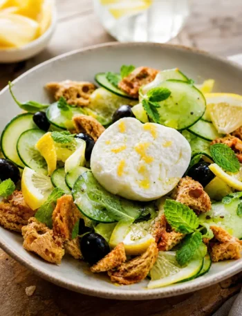 Insalata con cetrioli, mozzarella di bufala, limone marinato, olive nere e taralli integrali