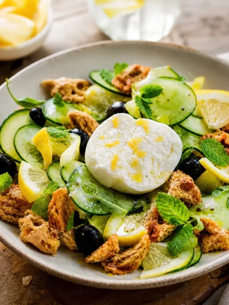 Insalata con cetrioli, mozzarella di bufala, limone marinato, olive nere e taralli integrali