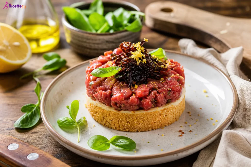 Cheesecake salata fit con tartare di scottona, robiola e cipolle caramellate