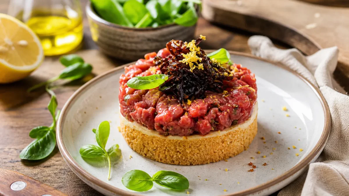 Cheesecake salata fit con tartare di scottona, robiola e cipolle caramellate