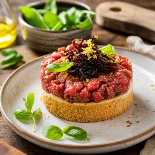 Cheesecake di scottona fit con robiola, taralli integrali e cipolle caramellate