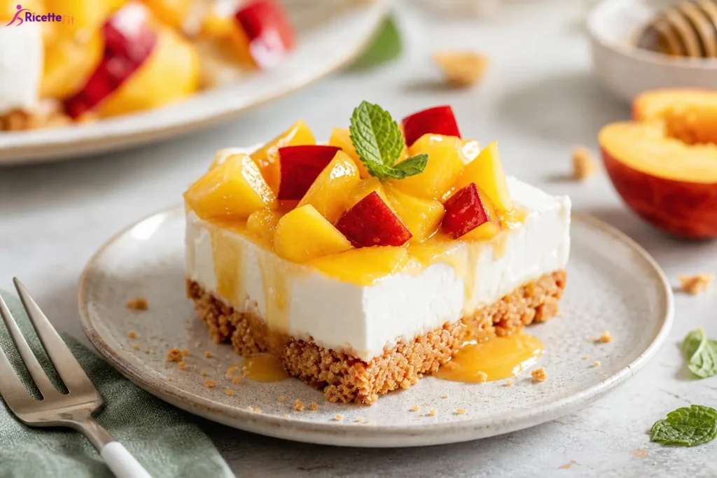 Cheesecake fit con pesche noci, amaretti e menta fresca