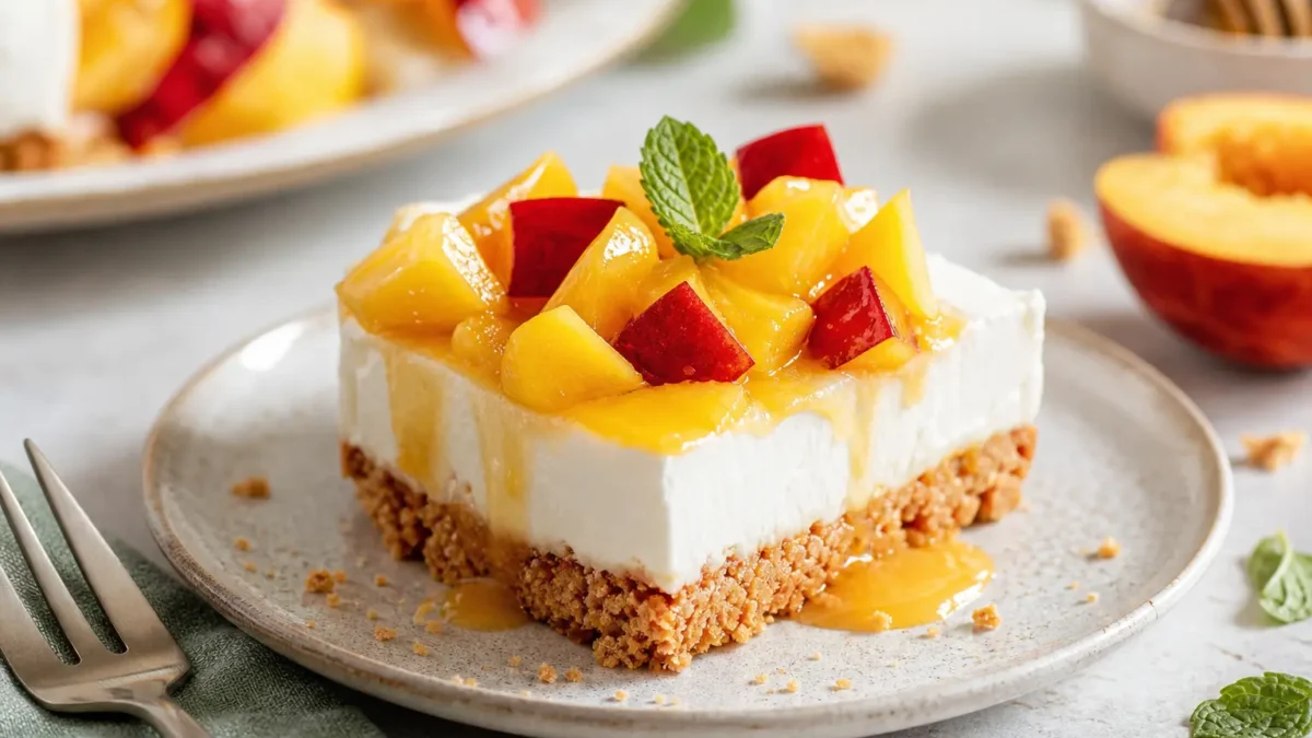 Cheesecake fit con pesche noci, amaretti e menta fresca