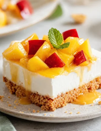 Cheesecake fit con pesche noci, amaretti e menta fresca