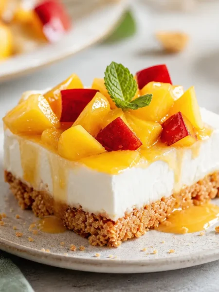 Cheesecake fit con pesche noci, amaretti e menta fresca