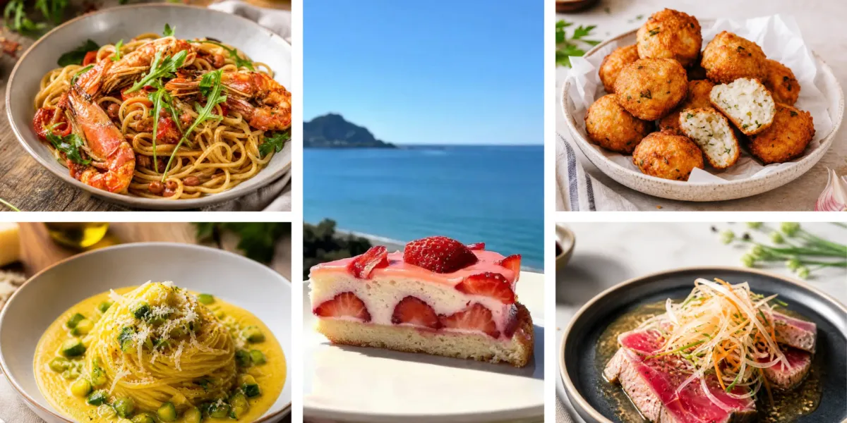 Immagine che rappresenta un collage con una selezione di 5 piatti: Spaghetti light con zucchine, limone e ricotta salata; Polpette di spigola e patate light al forno con olive; Linguine integrali con scampi, pomodorini, melograno e rucola; Tonno scottato con sesamo e verdure croccanti; Torta morbida alle fragole senza grassi.