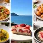 Immagine che rappresenta un collage con una selezione di 5 piatti: Spaghetti light con zucchine, limone e ricotta salata; Polpette di spigola e patate light al forno con olive; Linguine integrali con scampi, pomodorini, melograno e rucola; Tonno scottato con sesamo e verdure croccanti; Torta morbida alle fragole senza grassi.