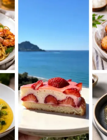 Immagine che rappresenta un collage con una selezione di 5 piatti: Spaghetti light con zucchine, limone e ricotta salata; Polpette di spigola e patate light al forno con olive; Linguine integrali con scampi, pomodorini, melograno e rucola; Tonno scottato con sesamo e verdure croccanti; Torta morbida alle fragole senza grassi.