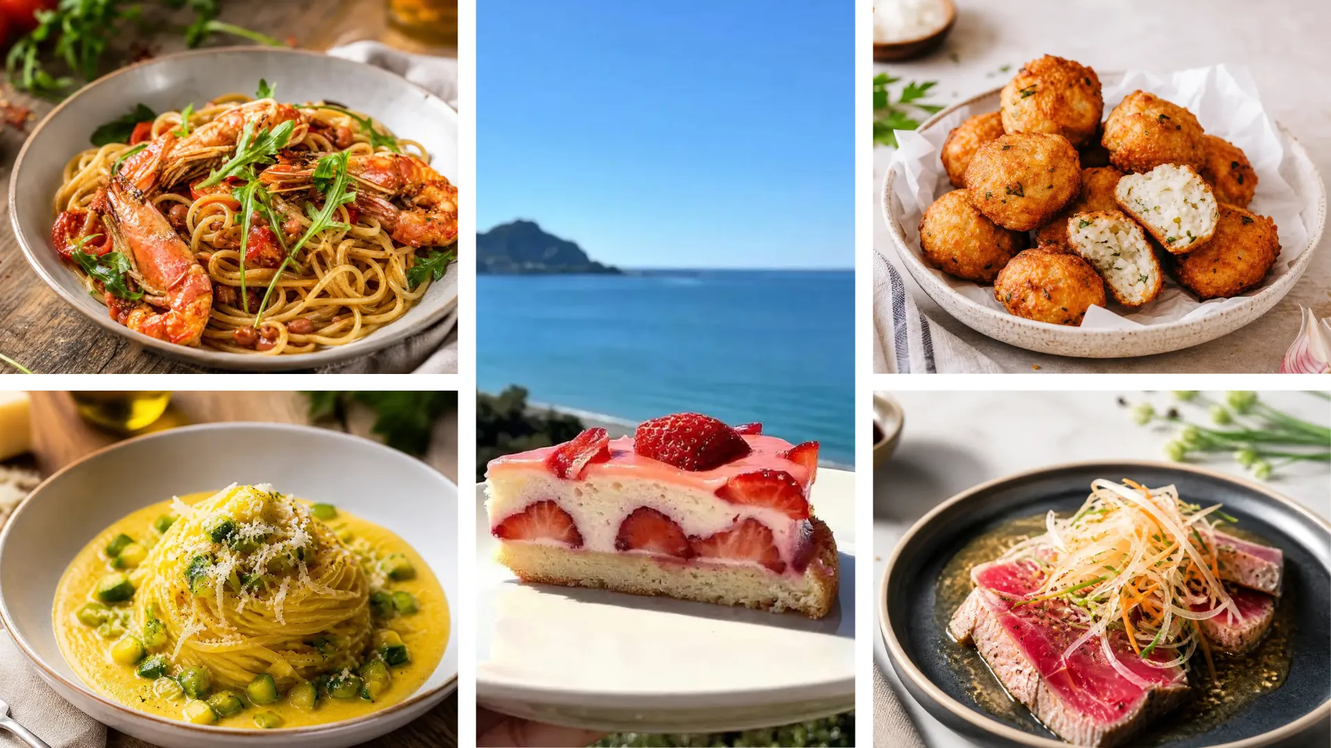 Immagine che rappresenta un collage con una selezione di 5 piatti: Spaghetti light con zucchine, limone e ricotta salata; Polpette di spigola e patate light al forno con olive; Linguine integrali con scampi, pomodorini, melograno e rucola; Tonno scottato con sesamo e verdure croccanti; Torta morbida alle fragole senza grassi.
