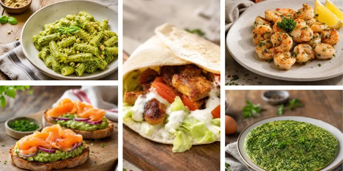 5 ricette fit per il pranzo: pasta ai broccoli, piadina con tempeh e tzatziki, gamberi saltati, toast con salmone e avocado, frittata di spinaci